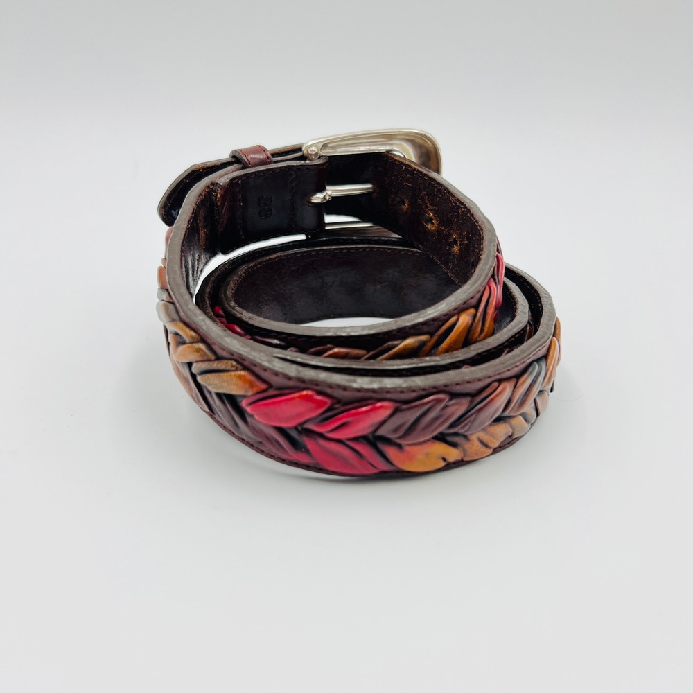 The Territory Ahead Mens 38 Braided Leather Leaf Belt Colorful Western Boho 90s - Picture 3 of 12